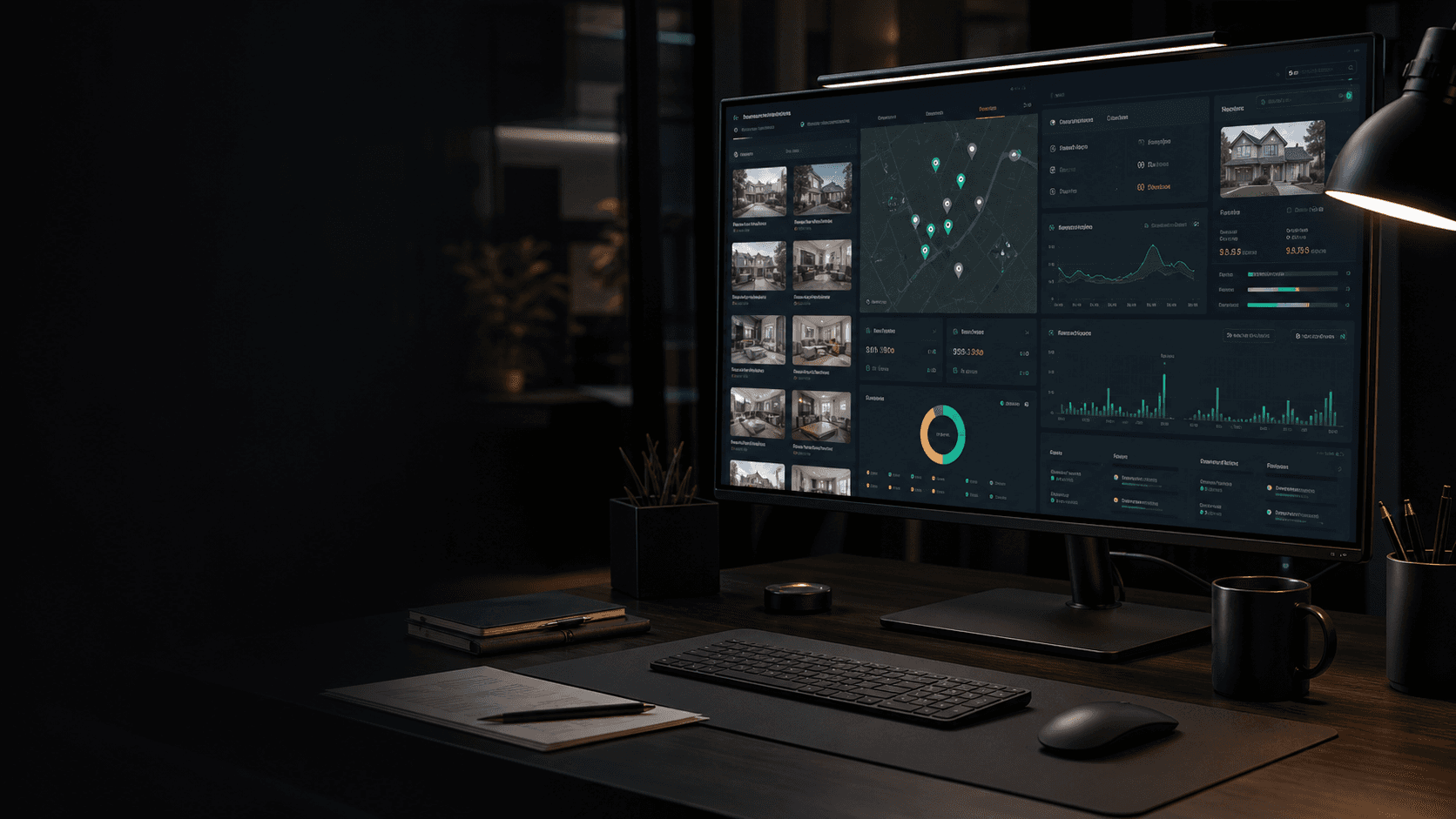 Photorealistic OPTX real estate intelligence dashboard on a desktop monitor